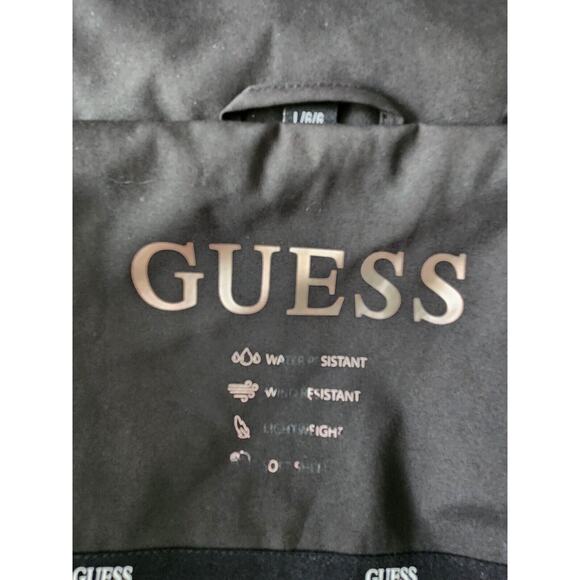 Women's GUESS Black Mixed Puffer softshell Hooded Zip Up Jacket Size L High Low - Picture 6 of 10
